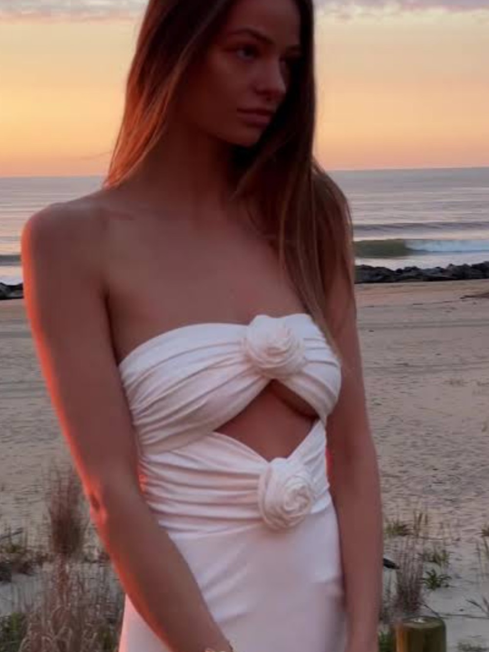 Torn by Ronny Kobo White Strapless Midi Dress with Flowers